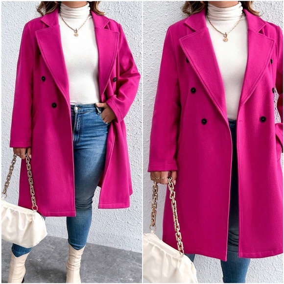 Plus Double Breasted Button up Pocket Jacket Coat - Picture 6 of 11